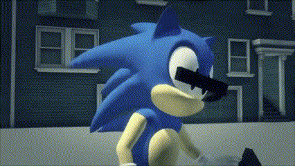 sonic the hedgehog is standing in front of a building with a gun in his mouth .