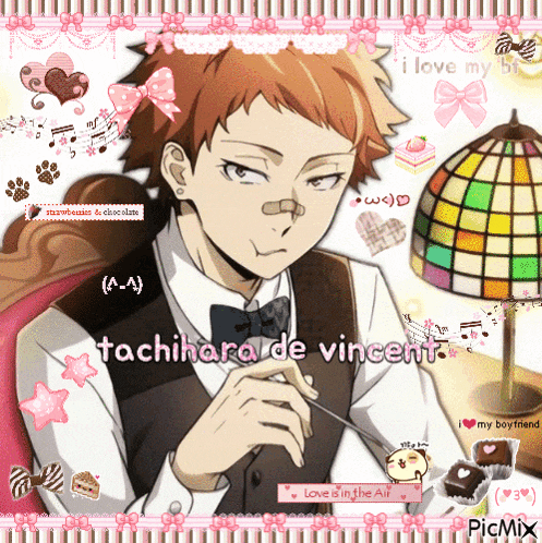a picture of tachihara de vincent is surrounded by pink hearts