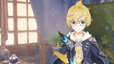 a young boy wearing glasses is standing in a room holding a sword and a butterfly .