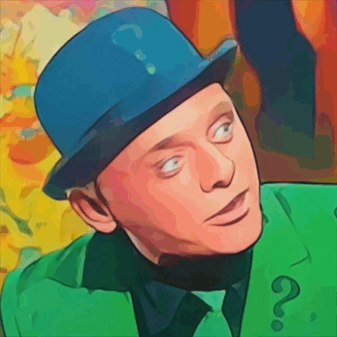 a man wearing a blue hat and a green jacket with a question mark