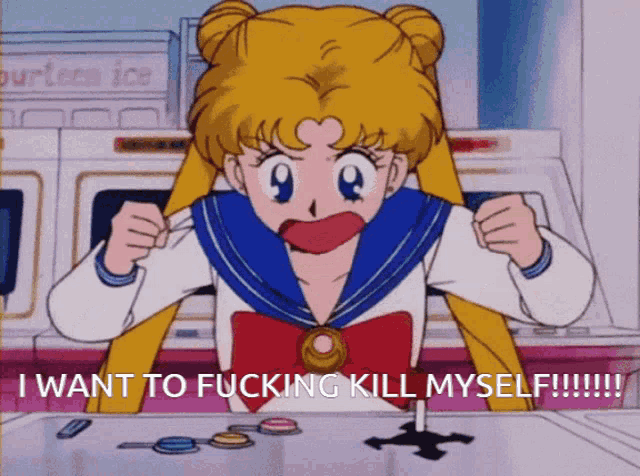 a cartoon of a girl with the words " i want to fucking kill myself "