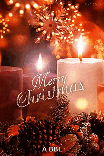 a merry christmas greeting card with a candle and pine cones