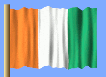 an orange white and green flag with a blue sky in the background