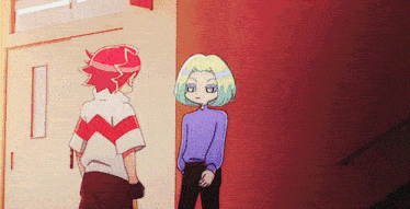 two cartoon characters are standing next to each other
