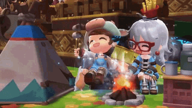 a couple of cartoon characters sitting around a campfire in a video game