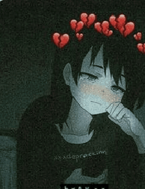 a sad anime girl with a crown of broken hearts on her head .