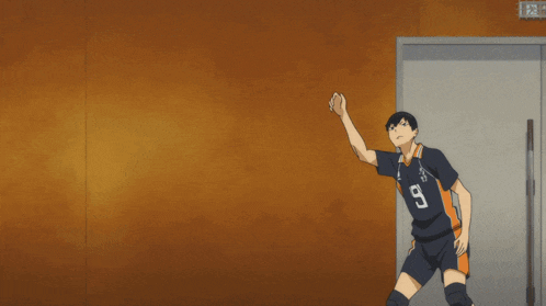 a volleyball player with the number 9 on his jersey is jumping in the air