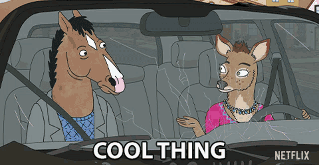 a cartoon of a horse and a deer in a car that says cool thing on the bottom