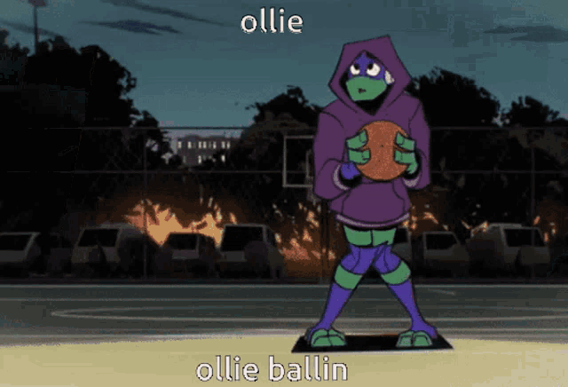 a cartoon character named ollie is holding a basketball in his hands