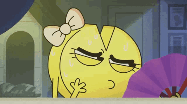 a yellow cartoon character with a purple fan