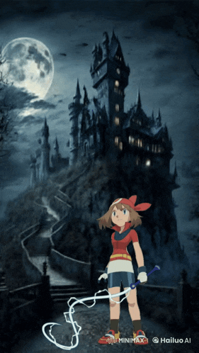 a girl is holding a whip in front of a castle with a full moon