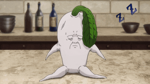 a cartoon drawing of a plant with a green leaf on its head