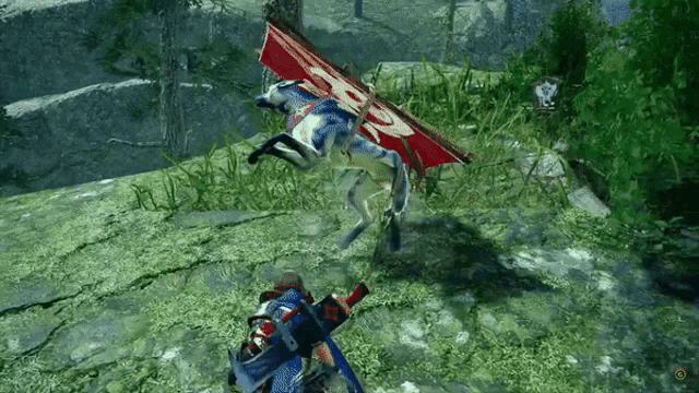 a person is riding a horse in a video game while holding a sword .