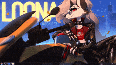 a computer screen shows a cartoon of a wolf on a motorcycle
