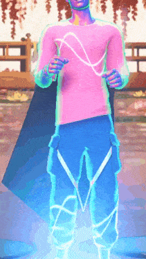 a man in a pink shirt and blue pants with the letter w on the bottom