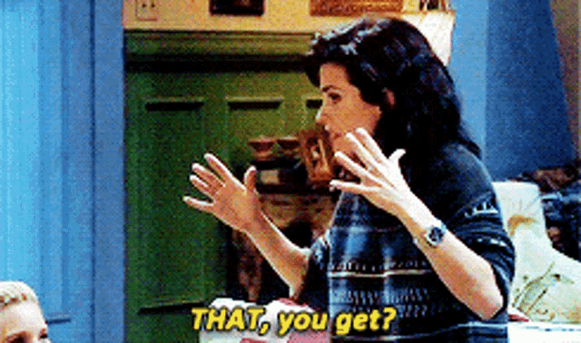 a woman is talking to another woman and the words that you get are on the screen