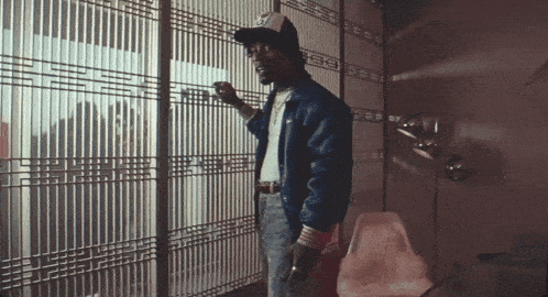 a man in a blue jacket and hat is standing in front of a fence