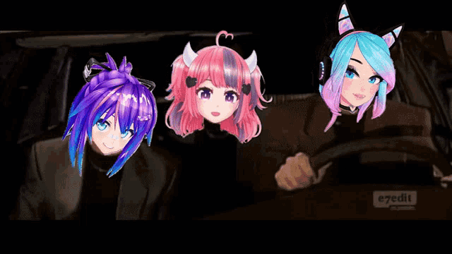three anime girls are sitting in a car with e7edit written in the corner