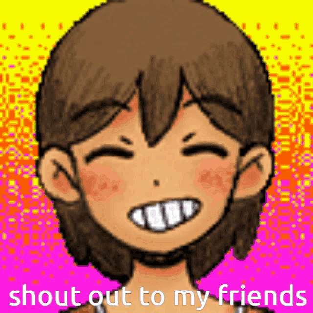 a pixel art drawing of a boy smiling with the words shout out to my friends below him .