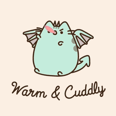 a drawing of a cat with wings and the words warm & cuddly