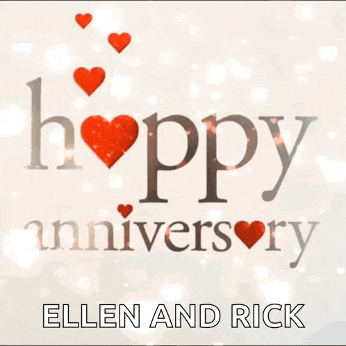 a happy anniversary card for ellen and rick with red hearts