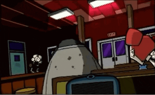 a cartoon scene with a red exit sign