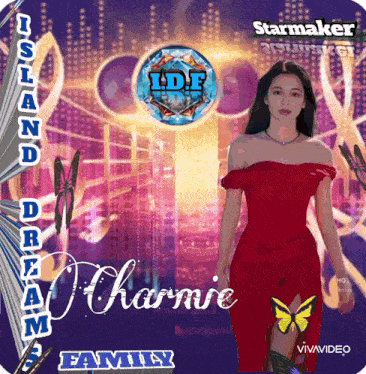 a woman in a red dress stands in front of a sign that says starmaker