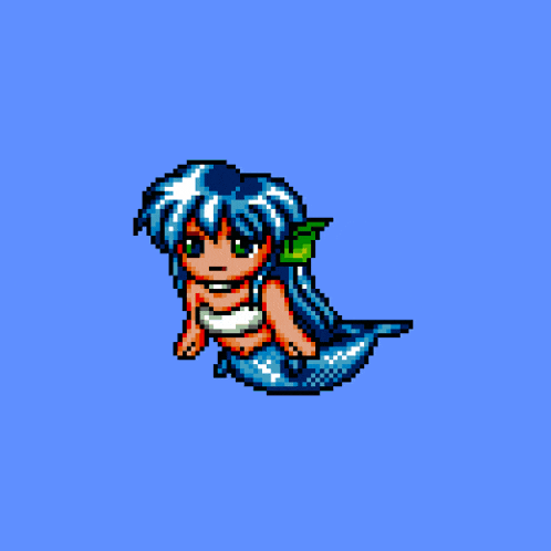 a pixel art illustration of a mermaid with blue hair