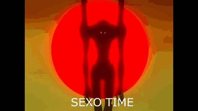 a silhouette of a robot standing in front of a red sun with the words sexo time written below it .