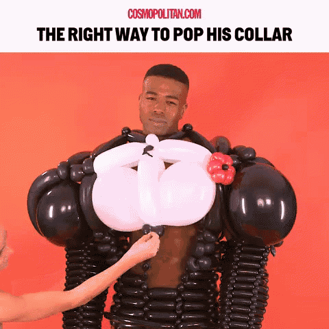 a man is being made out of balloons with the words " the right way to pop his collar " at the bottom
