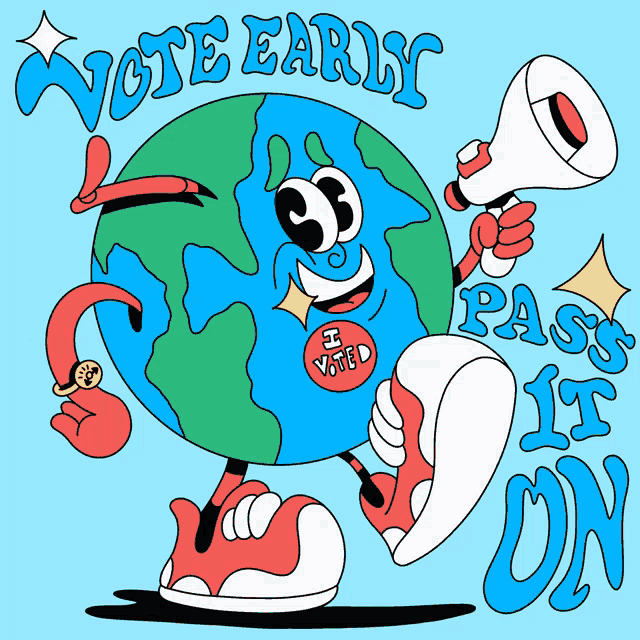 a cartoon of a globe with a badge that says i voted on it