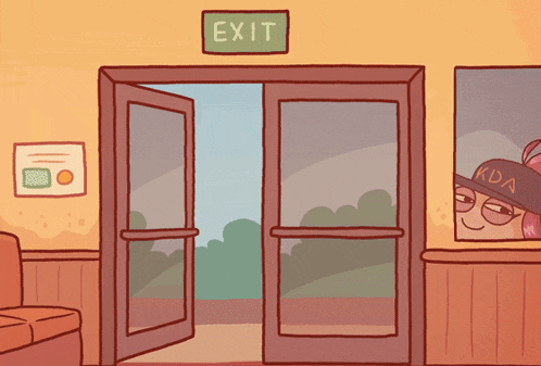 a cartoon of an exit sign with a person wearing a kda hat behind it