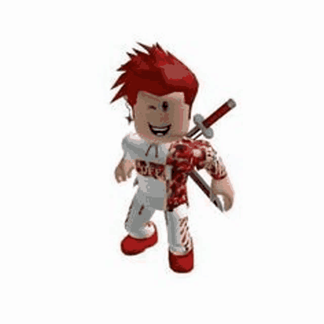 a roblox character with red hair is holding a sword on his shoulder .