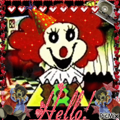 a clown wearing a party hat is surrounded by hearts and bears and says hello