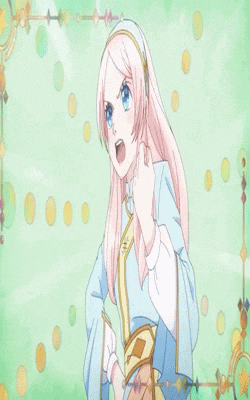 a cartoon girl with pink hair and blue eyes is standing in front of a green background