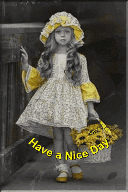 a little girl in a yellow dress holding a basket of flowers