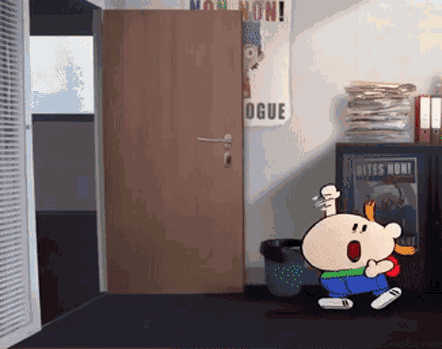 a cartoon character standing in front of a door with a poster that says ogue on it
