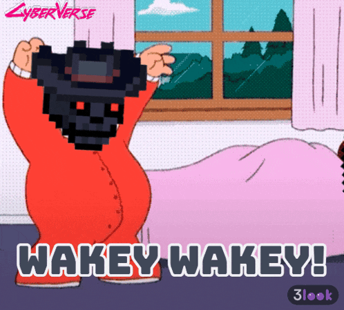 a cartoon of a baby holding a mask with the words wakey wakey written below it