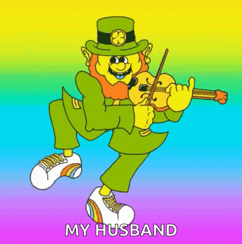 a cartoon leprechaun is playing a violin with the words `` my husband '' below him .