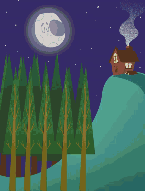 a cartoon drawing of a house on top of a hill with a full moon in the background