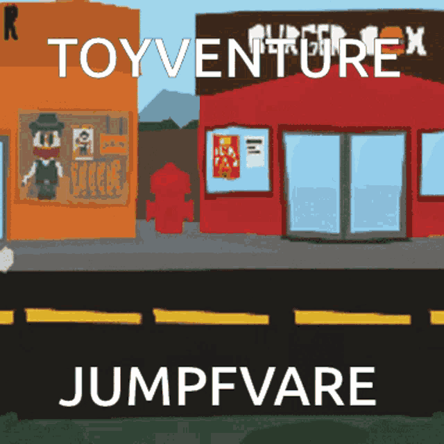 a cartoon illustration of a town with the words toyventure jumpfvare on the bottom