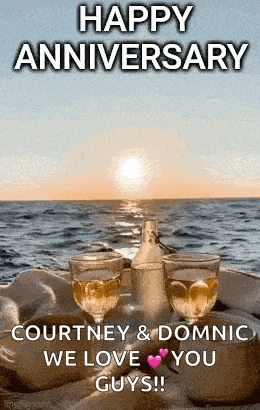 a happy anniversary card for courtney and dominic we love you guys .