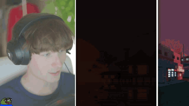 a man wearing headphones is next to a pixelated image of a building