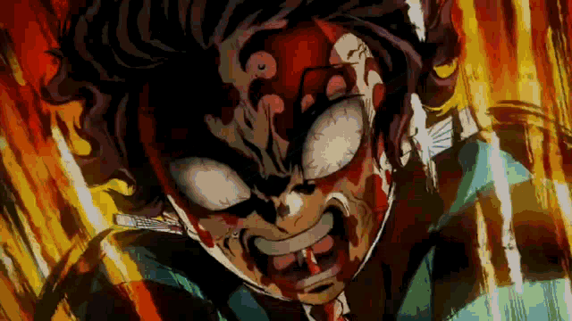 a close up of a demon slayer 's face with blood on it .