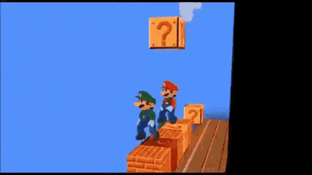 a video game character , mario and luigi , are standing on a platform .