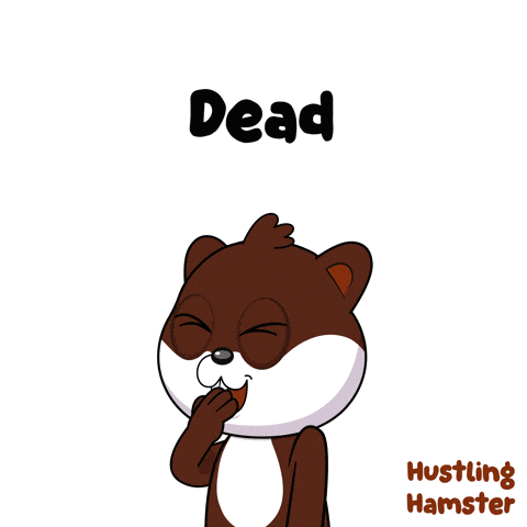 a cartoon of a hamster with the word dead above him