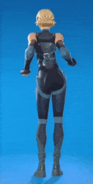 a woman in a black and blue suit is standing on a blue background .