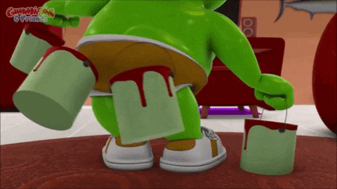 a green gummy bear is holding buckets of paint and the word gummi bears is on the bottom
