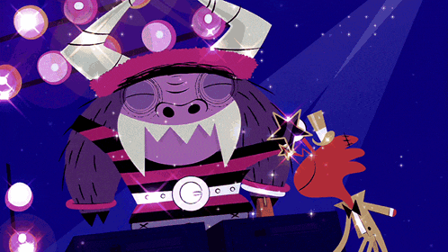 a cartoon drawing of a monster with horns and a top hat holding a star