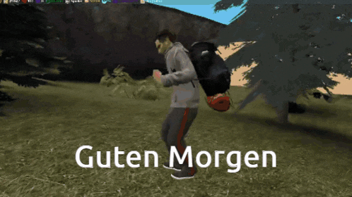 a computer screen shows a man carrying a backpack and the words guten morgen below him